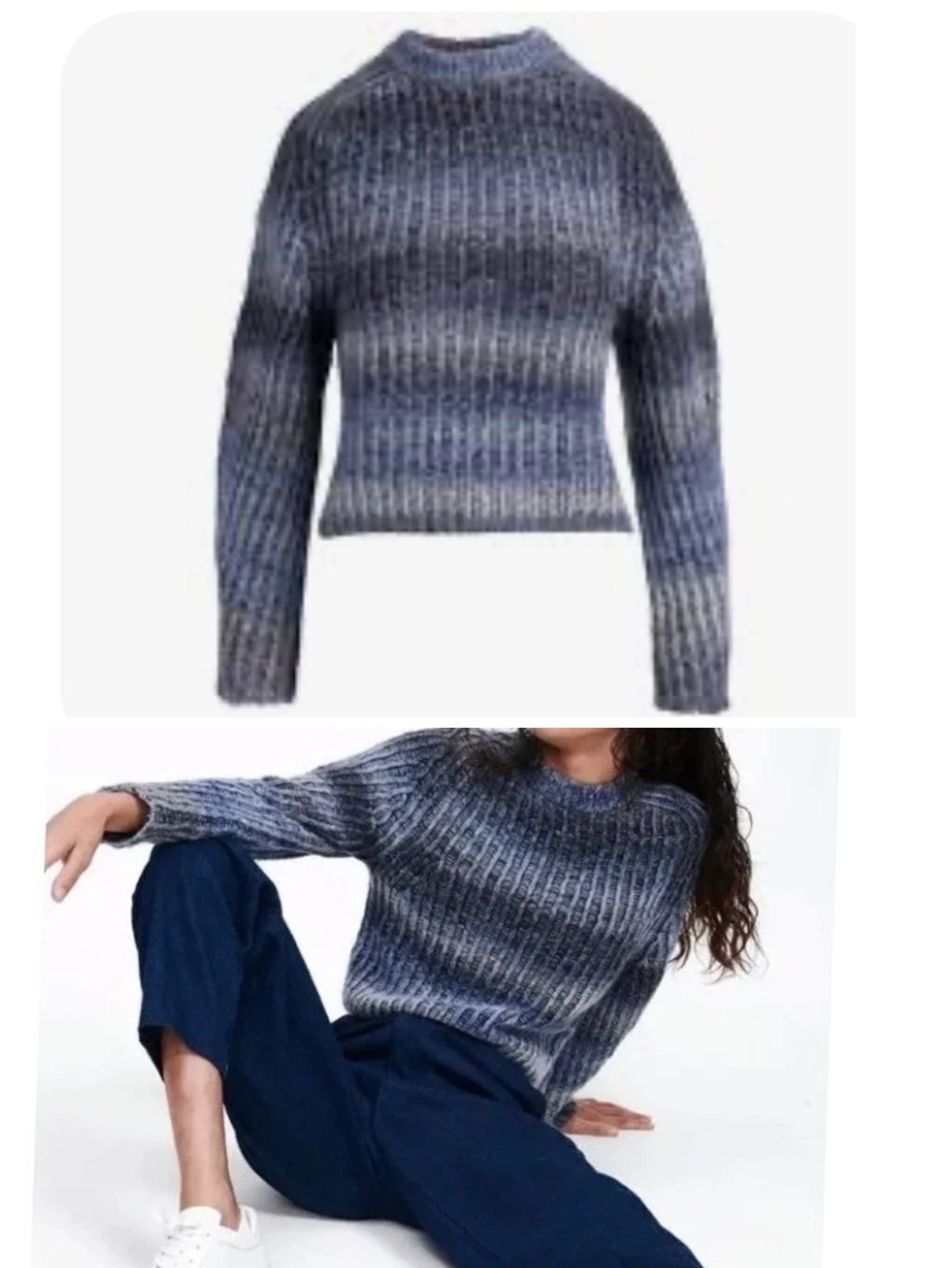 Naadam Sweater XXS Ribbed Space Dye Raglen Crewneck Blue Wool Alpaca Cashmere